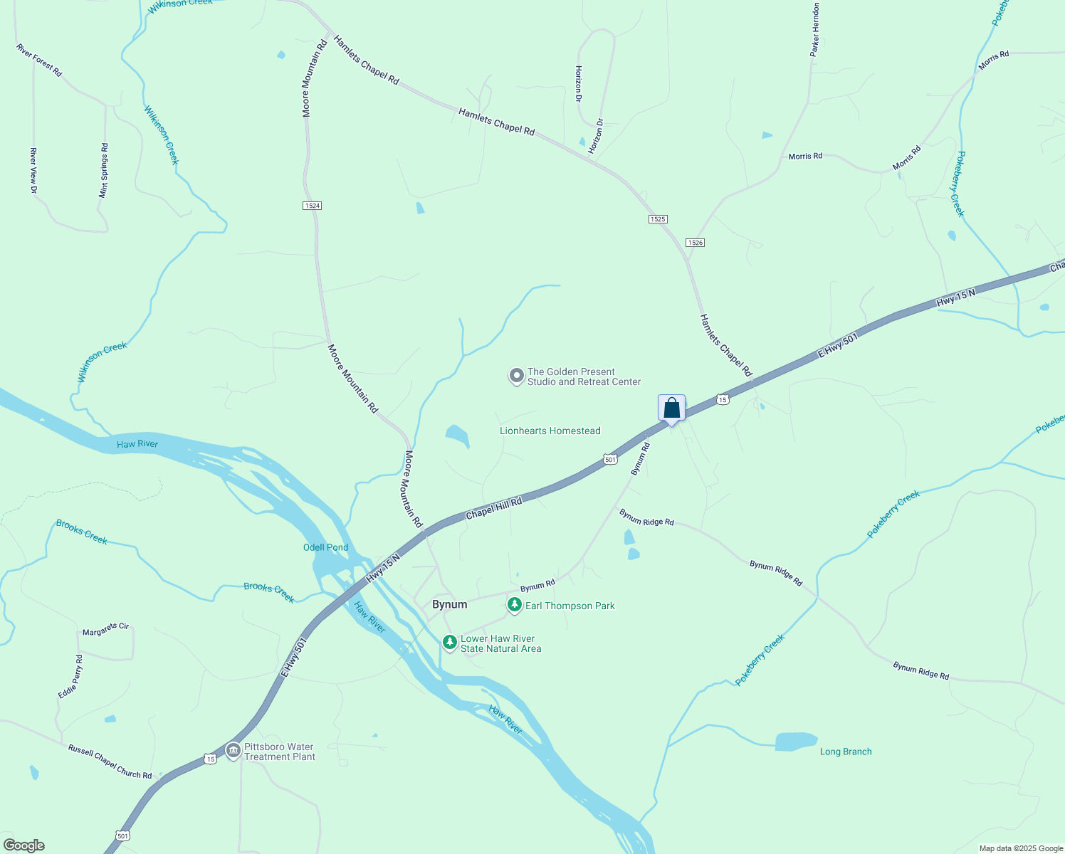 map of restaurants, bars, coffee shops, grocery stores, and more near 102 Carson Ct in Pittsboro