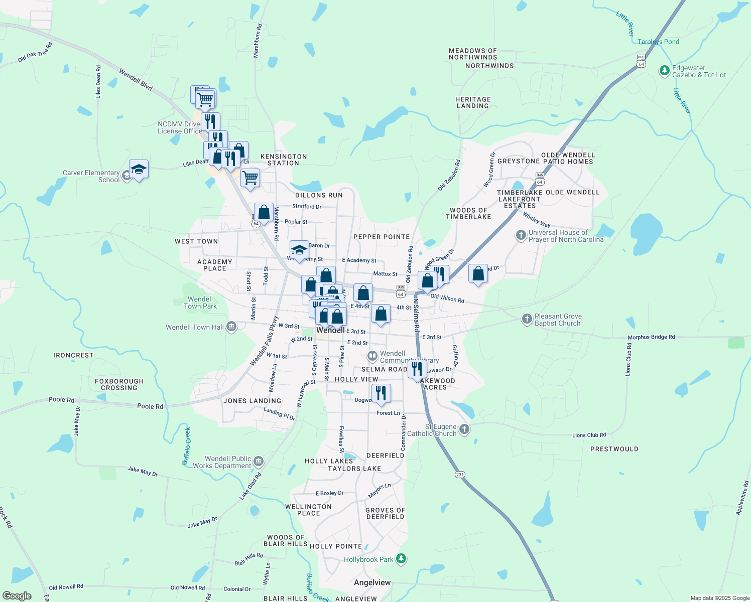 map of restaurants, bars, coffee shops, grocery stores, and more near 110 North Hollybrook Road in Wendell