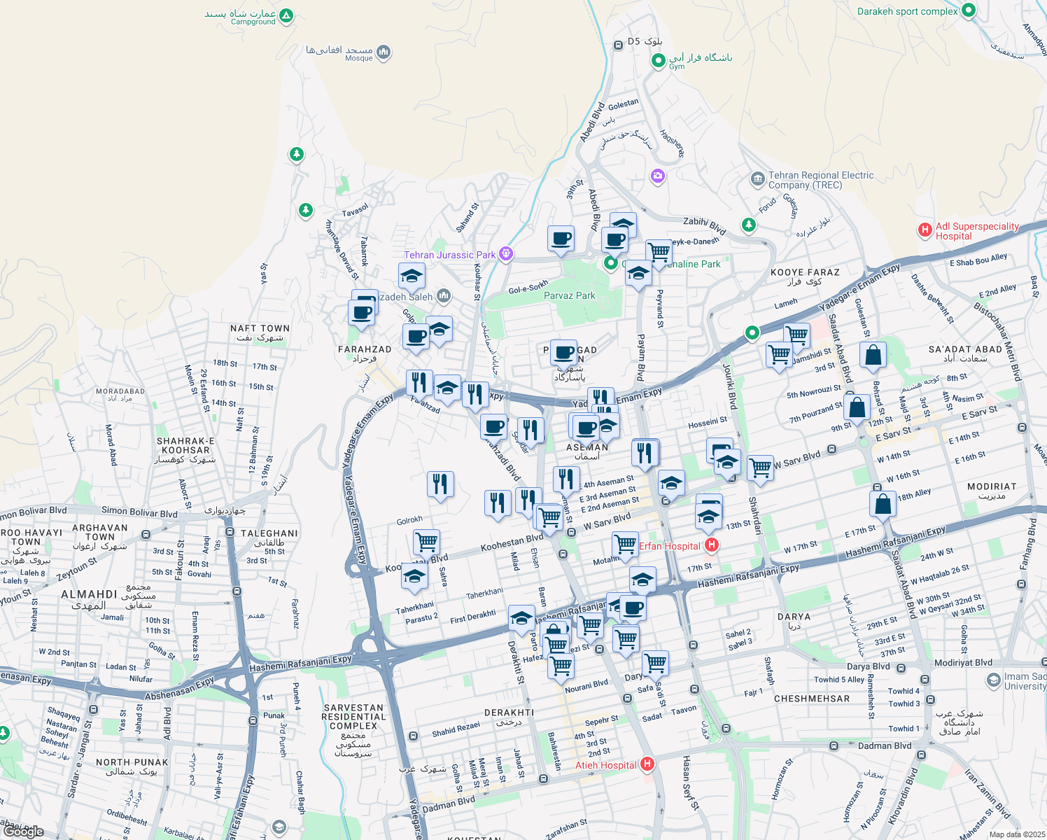 map of restaurants, bars, coffee shops, grocery stores, and more near Farahzad in Tehran
