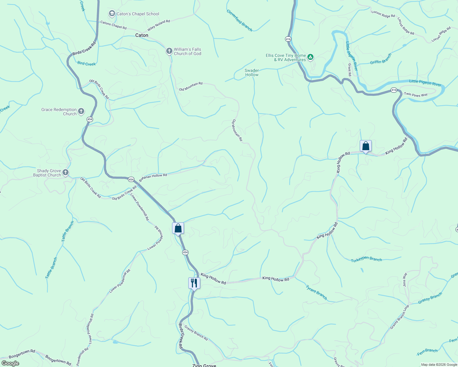 map of restaurants, bars, coffee shops, grocery stores, and more near 3509 Manoah Way in Sevierville