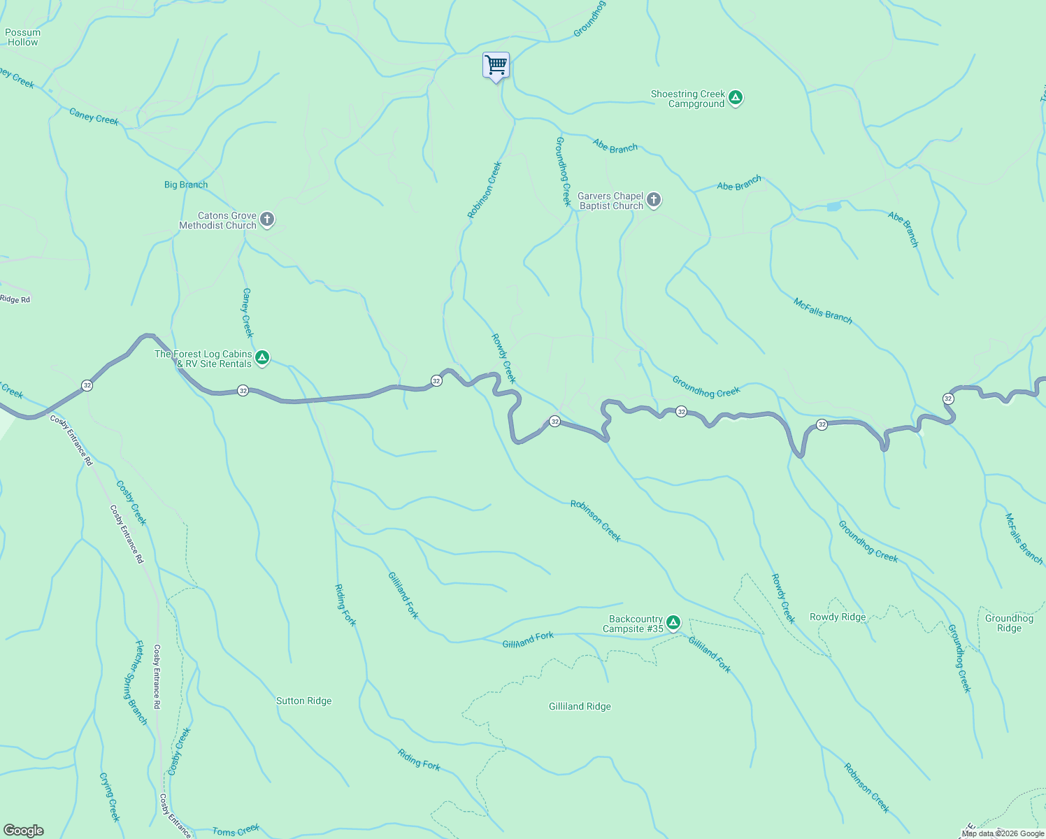 map of restaurants, bars, coffee shops, grocery stores, and more near 830 Tennessee 32 in Cosby