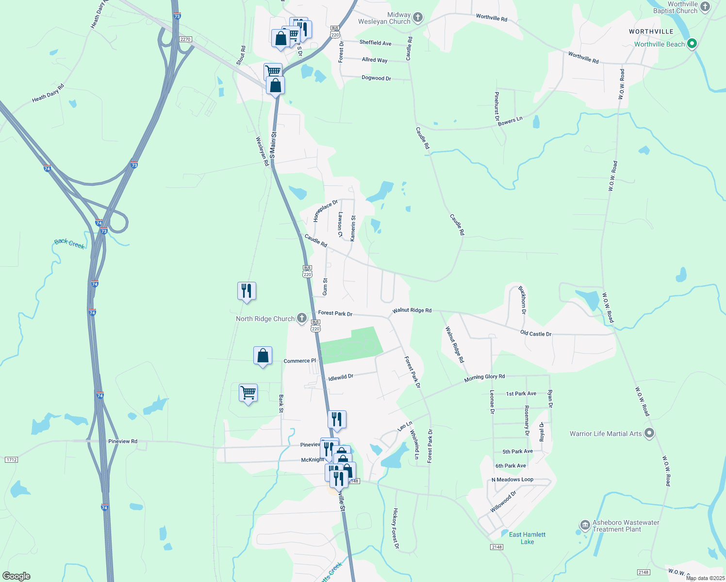 map of restaurants, bars, coffee shops, grocery stores, and more near 2837 Sonnett Drive in Randleman