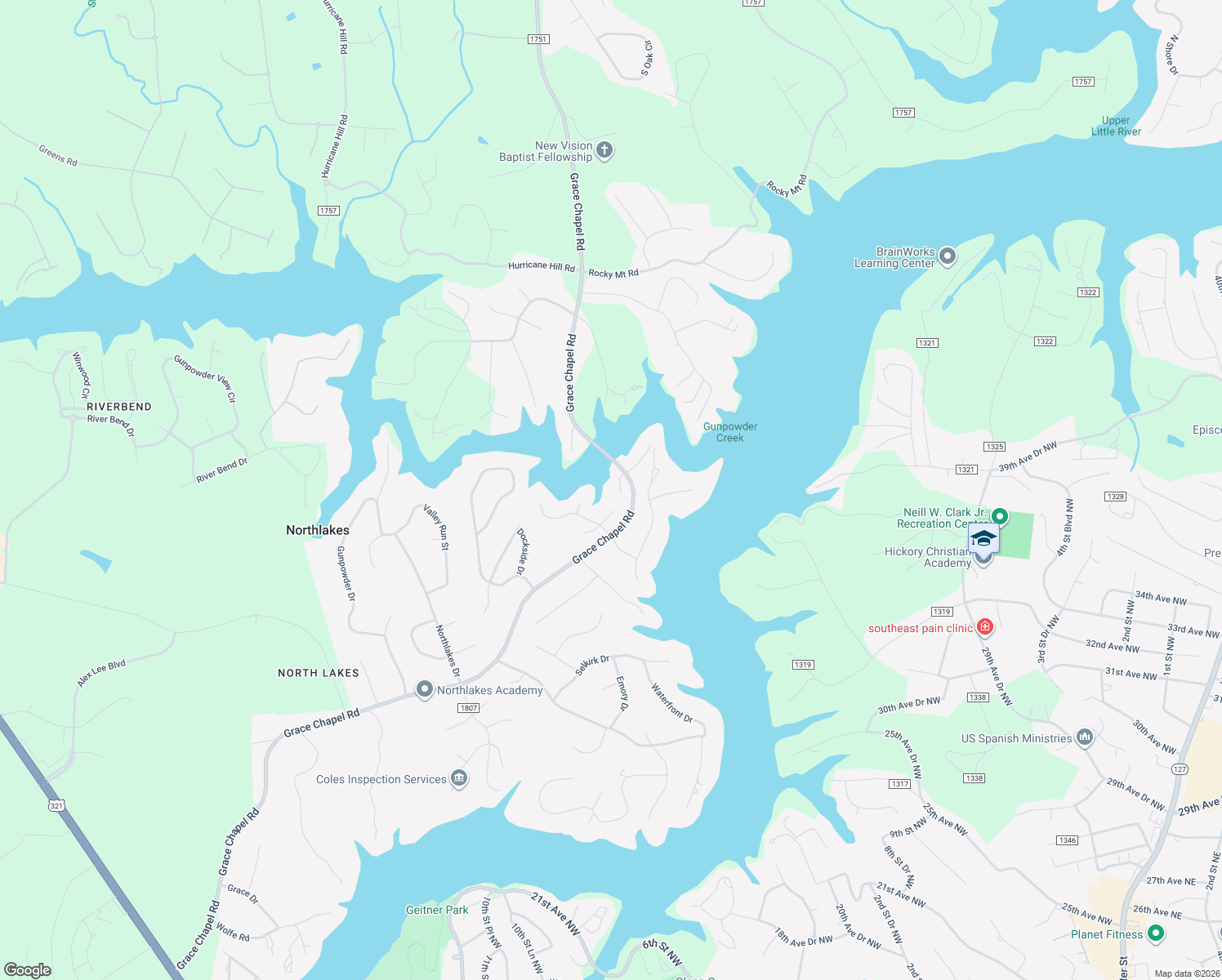 map of restaurants, bars, coffee shops, grocery stores, and more near 5131 Grace Chapel Road in Hickory