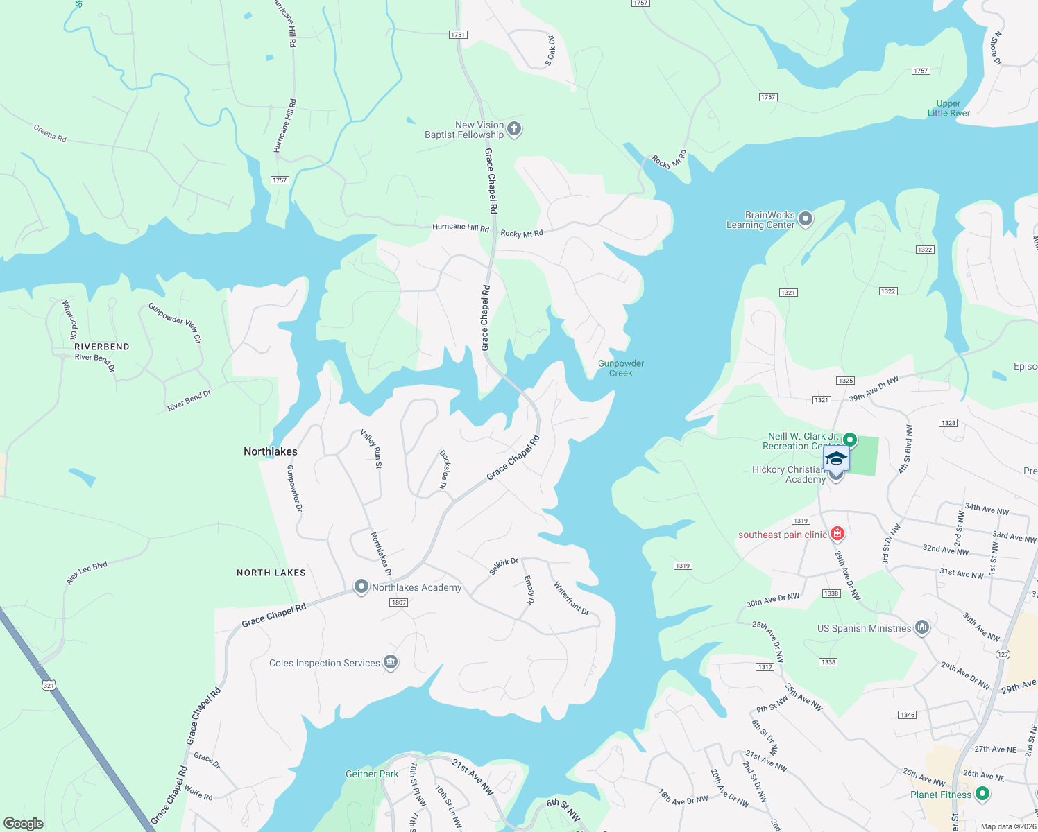 map of restaurants, bars, coffee shops, grocery stores, and more near 5131 Grace Chapel Road in Granite Falls