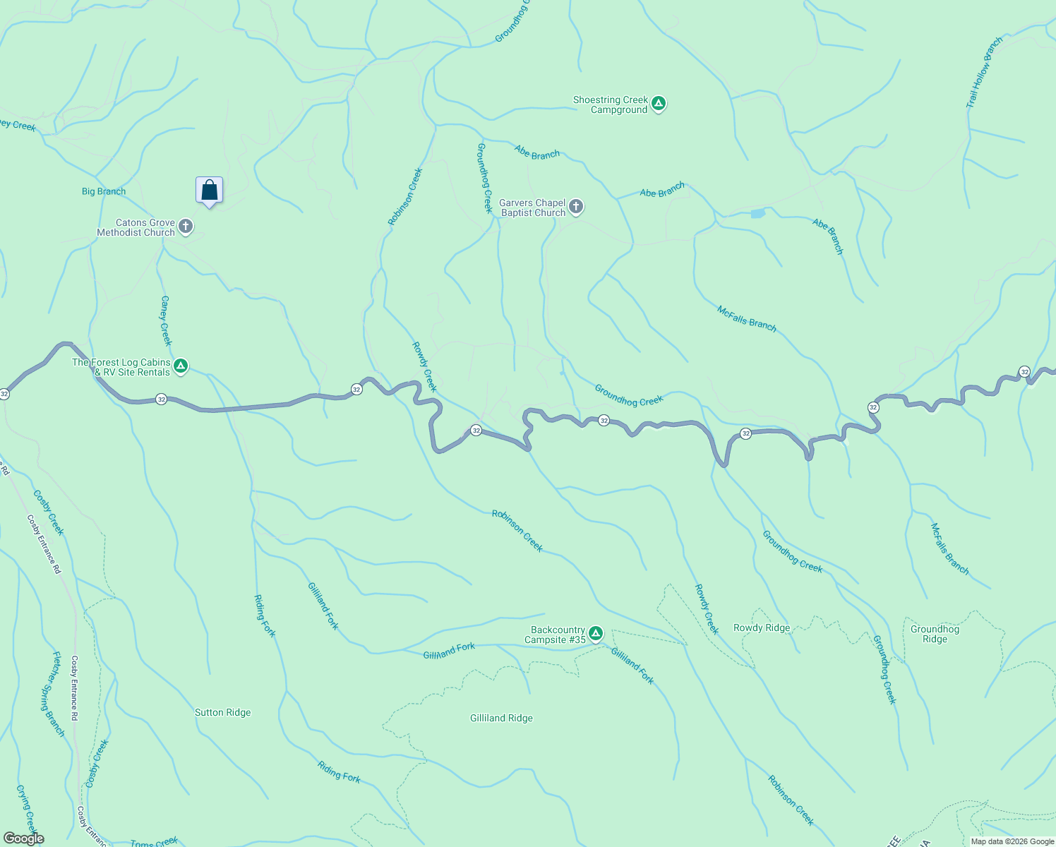 map of restaurants, bars, coffee shops, grocery stores, and more near 957 Tennessee 32 in Cosby