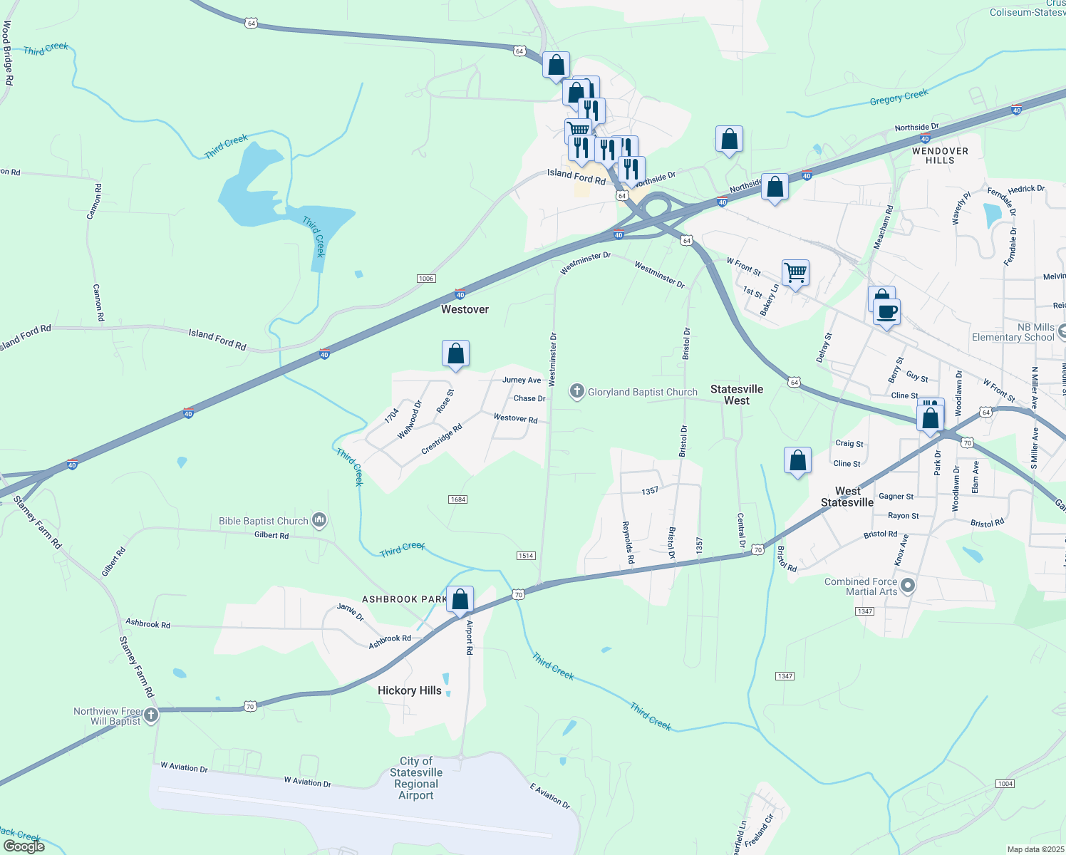 map of restaurants, bars, coffee shops, grocery stores, and more near 703 Winterfield Lane in Statesville