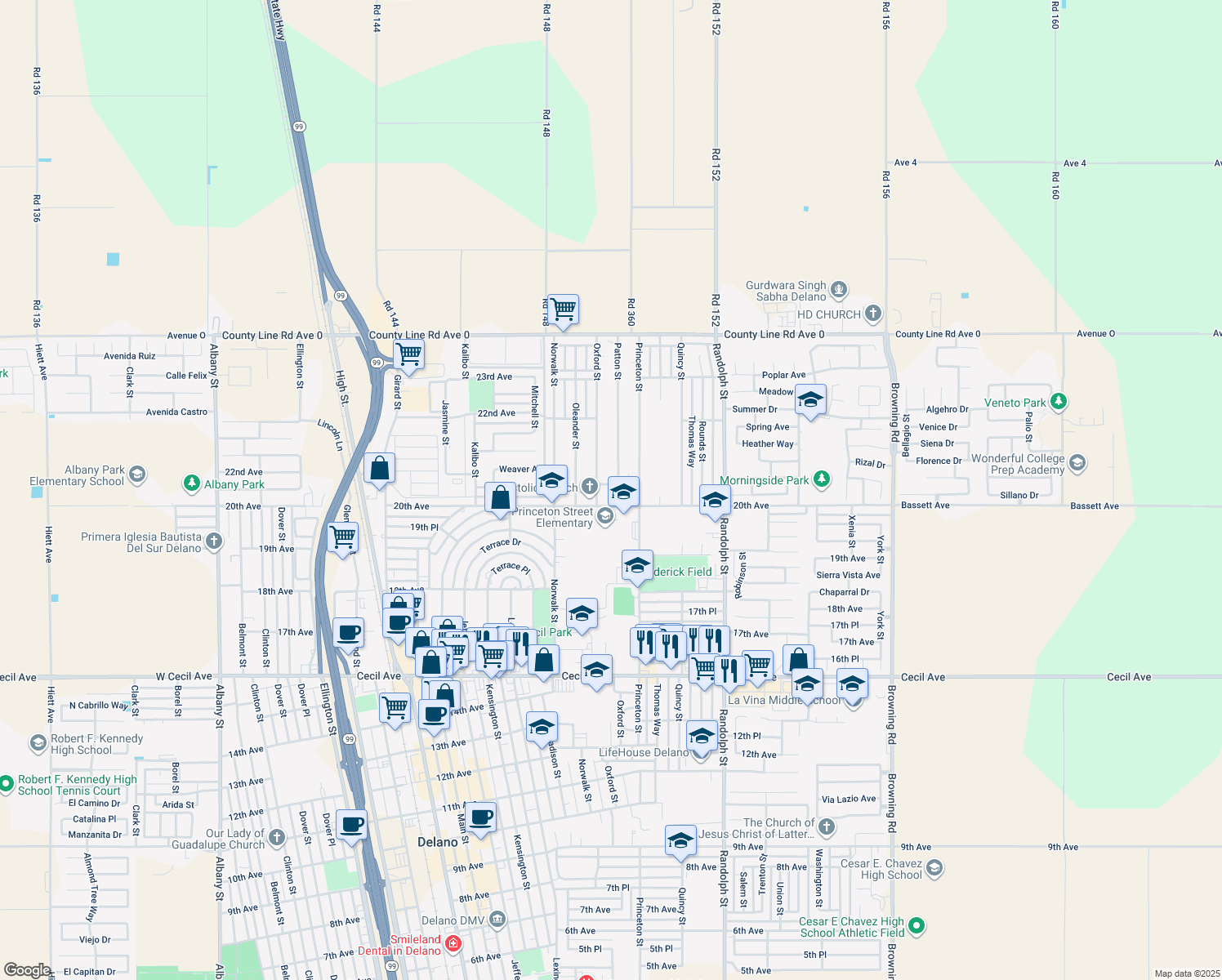map of restaurants, bars, coffee shops, grocery stores, and more near 1514 21st Avenue in Delano