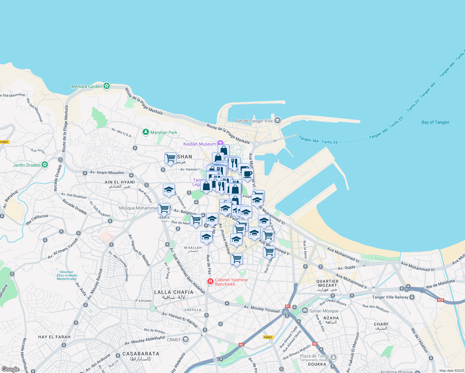 map of restaurants, bars, coffee shops, grocery stores, and more near 8 Rue d'Amerique in Tanger
