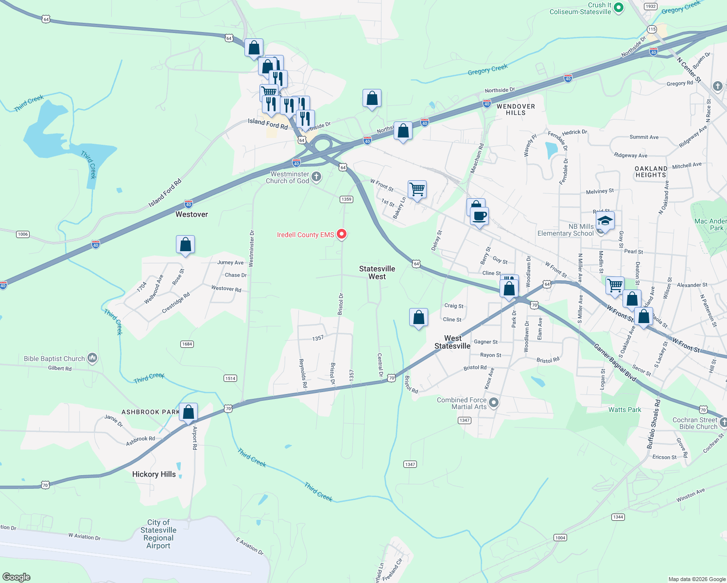 map of restaurants, bars, coffee shops, grocery stores, and more near 514 Holly St in Statesville