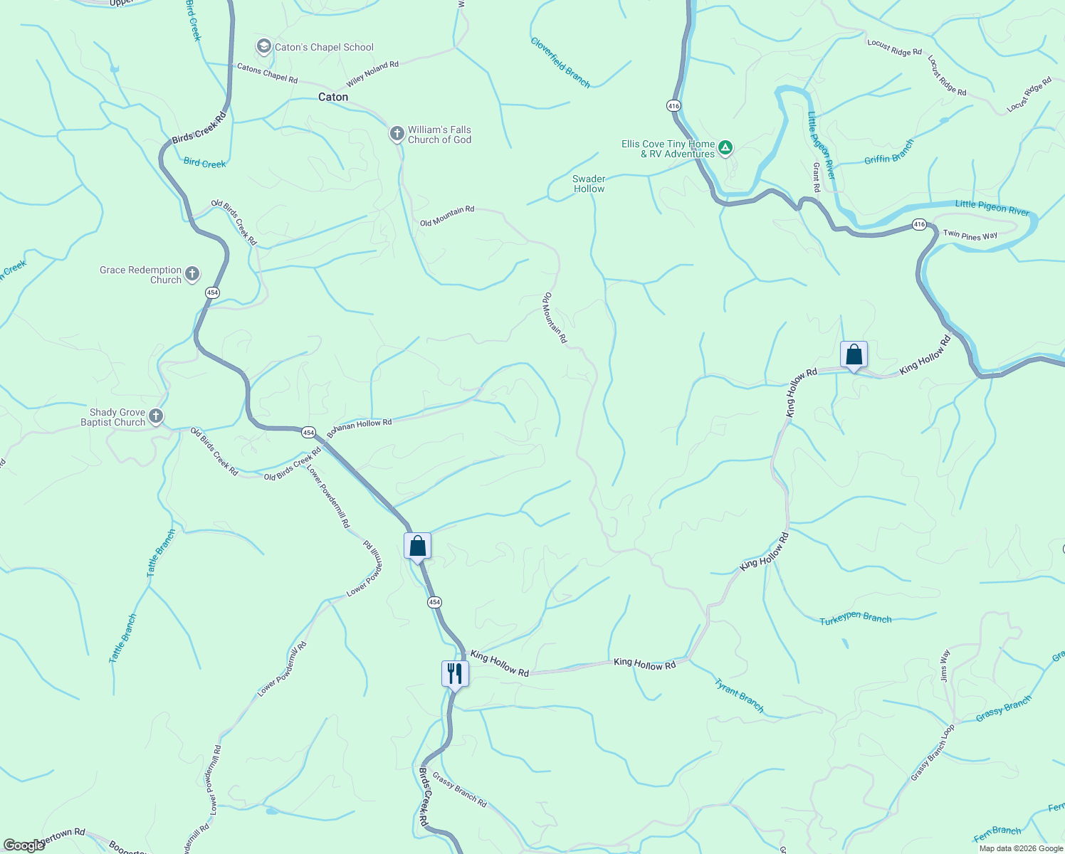 map of restaurants, bars, coffee shops, grocery stores, and more near 3509 Manoah Way in Sevierville