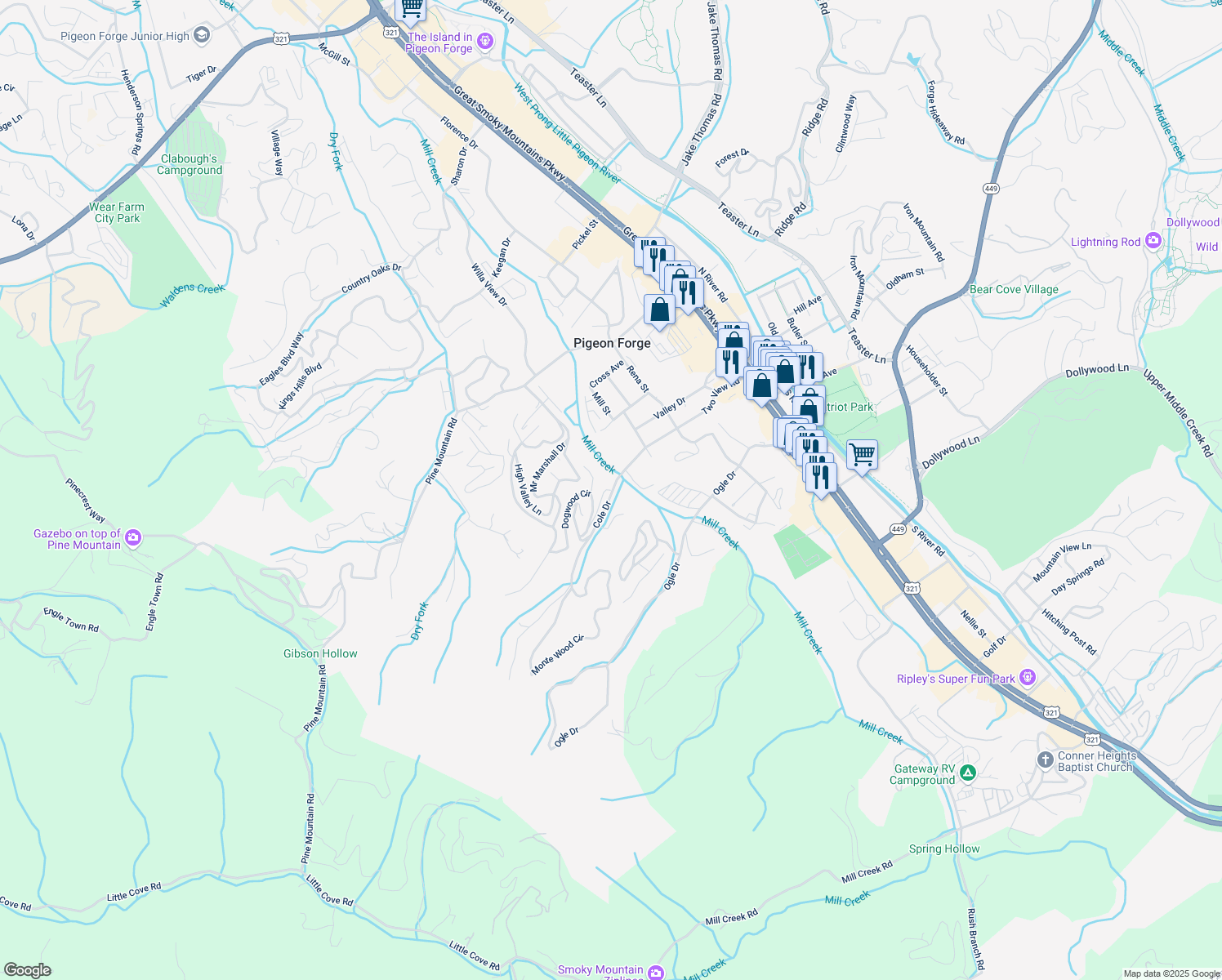 map of restaurants, bars, coffee shops, grocery stores, and more near Forge Street in Pigeon Forge