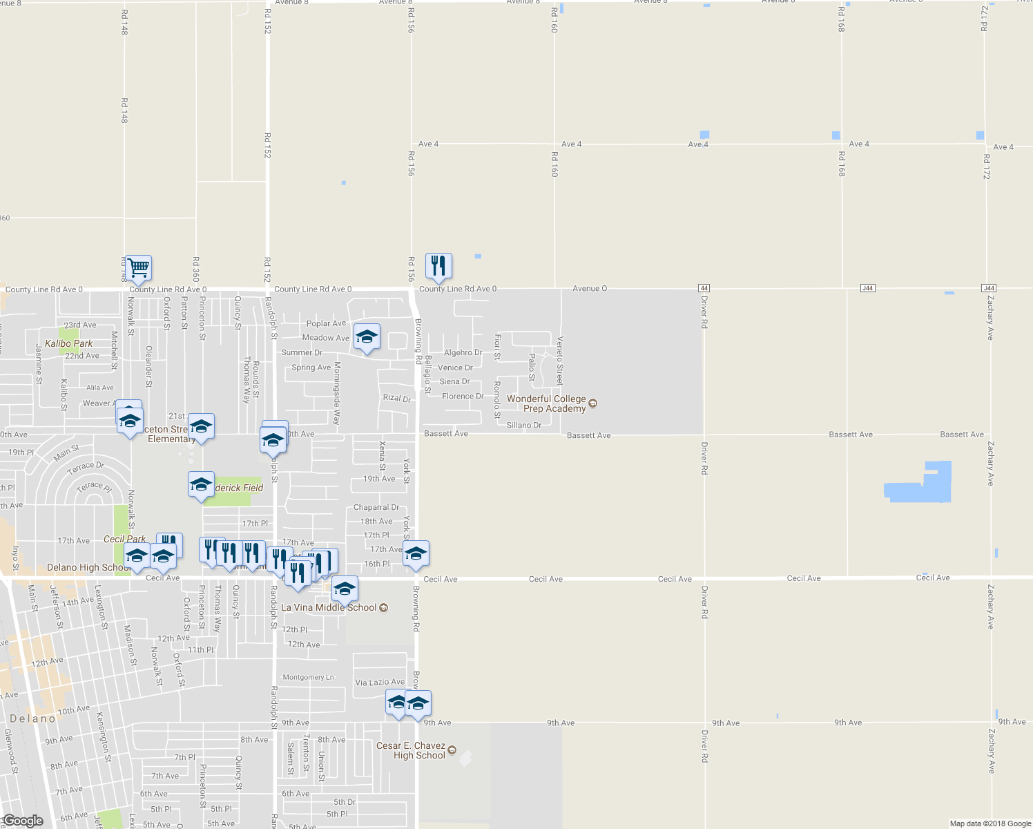 map of restaurants, bars, coffee shops, grocery stores, and more near 2534 San Gabriele Drive in Delano