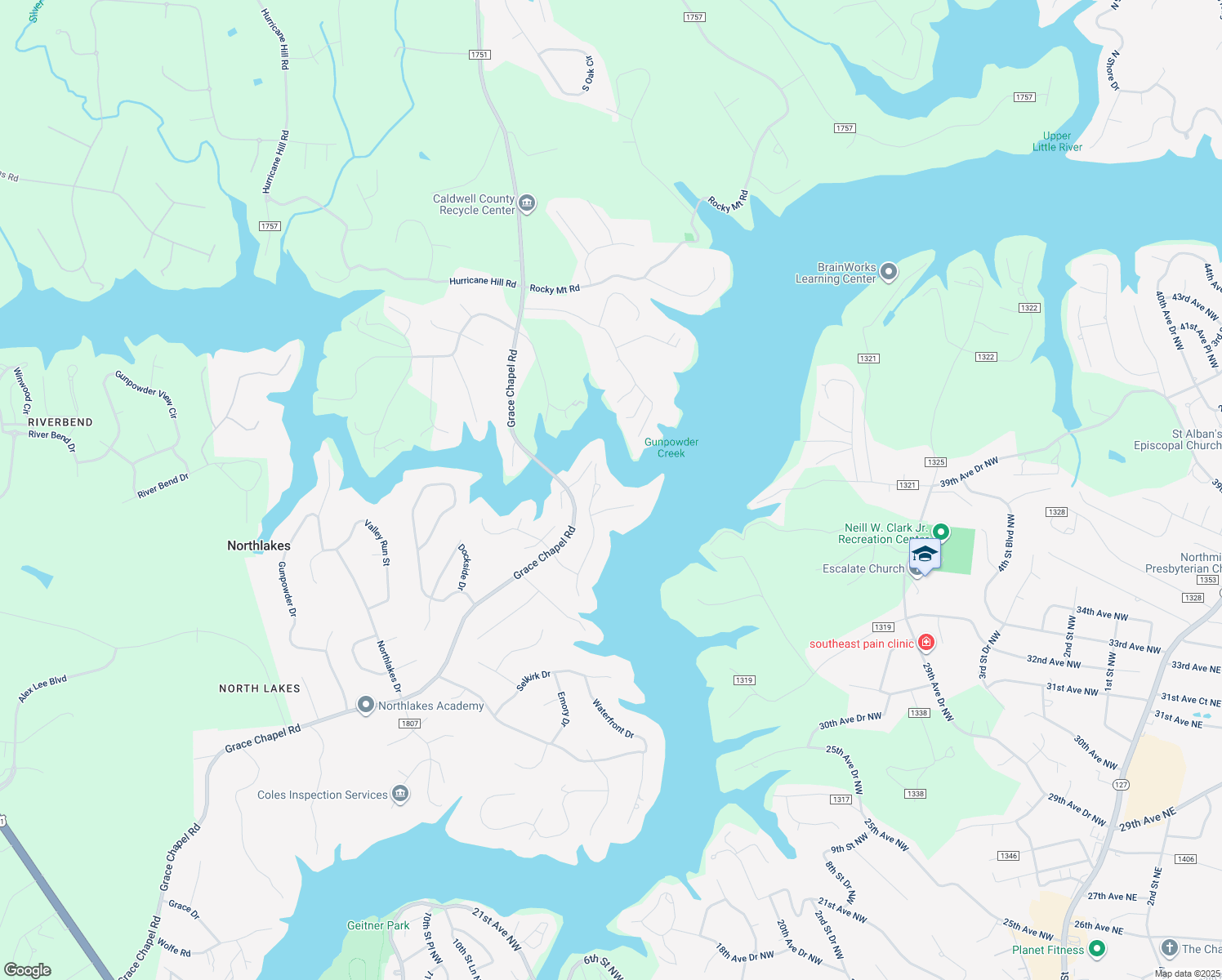 map of restaurants, bars, coffee shops, grocery stores, and more near 5882 Flintlock Court in Hickory