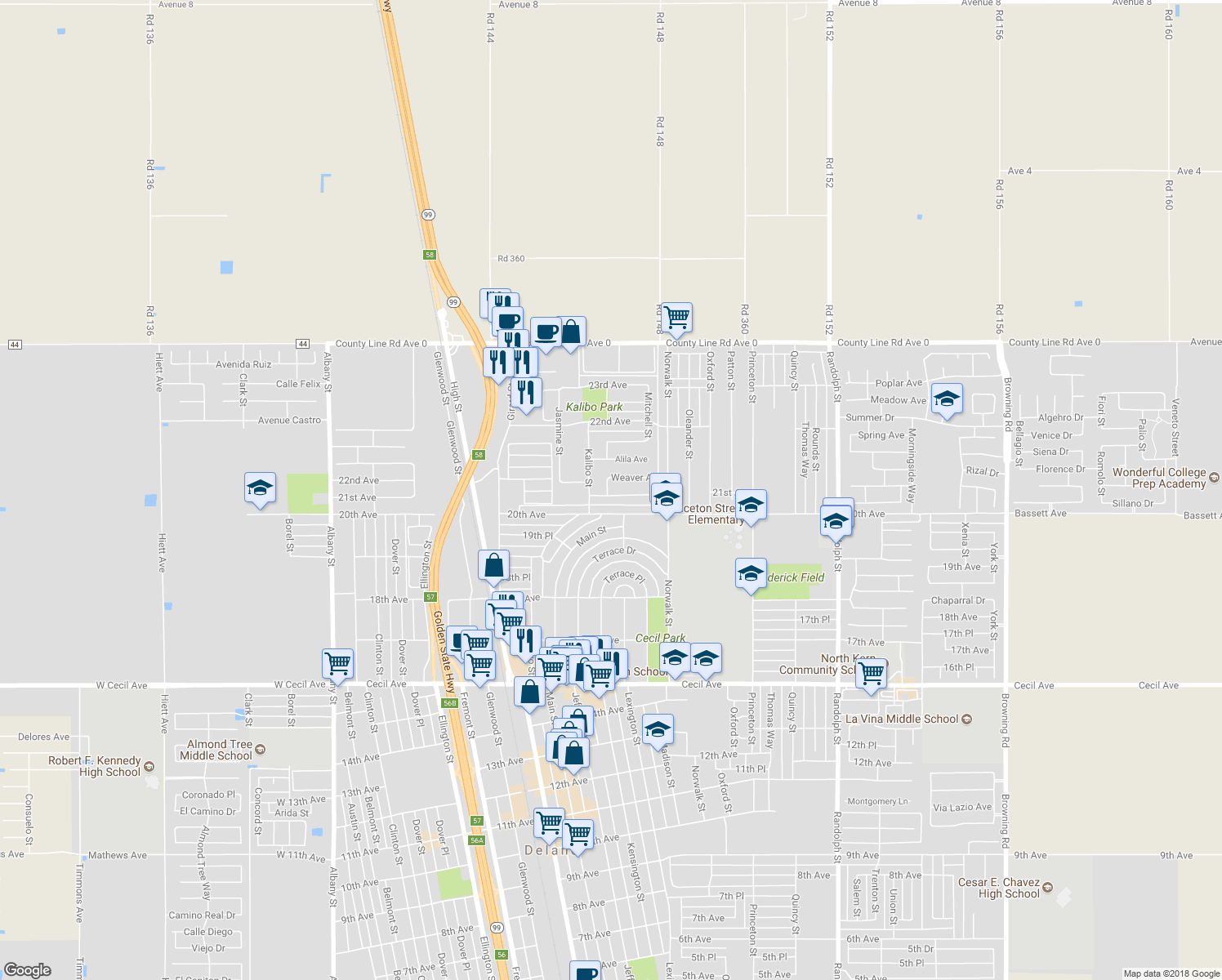 map of restaurants, bars, coffee shops, grocery stores, and more near 1105 Valencia Avenue in Delano