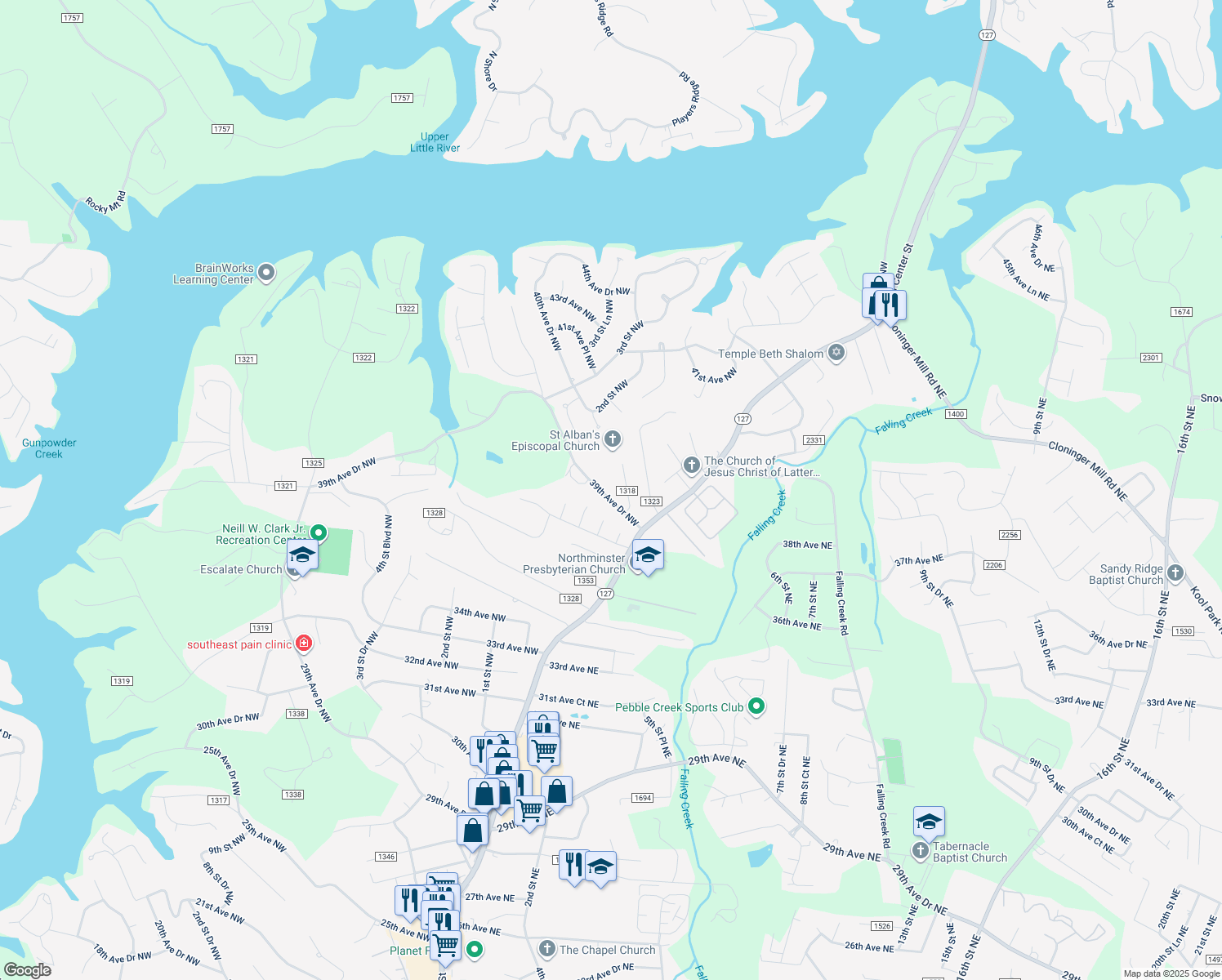 map of restaurants, bars, coffee shops, grocery stores, and more near 106 39th Avenue Drive Northwest in Hickory