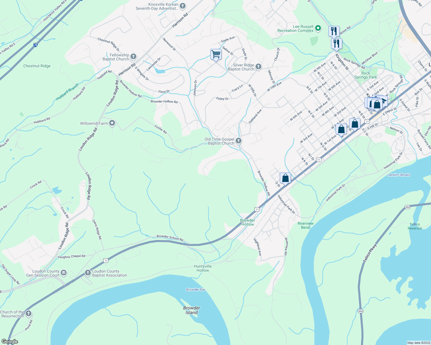 map of restaurants, bars, coffee shops, grocery stores, and more near 1303 Stevens Lane in Lenoir City