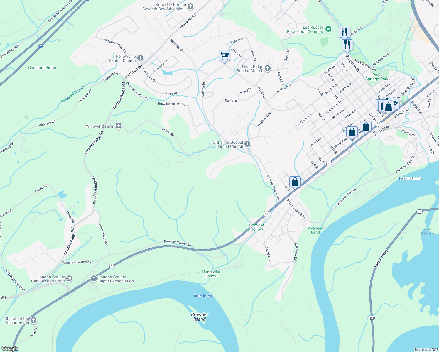 map of restaurants, bars, coffee shops, grocery stores, and more near 1303 Stevens Lane in Lenoir City