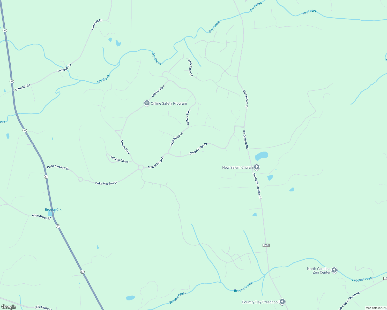 map of restaurants, bars, coffee shops, grocery stores, and more near 587 Chapel Ridge Drive in Pittsboro