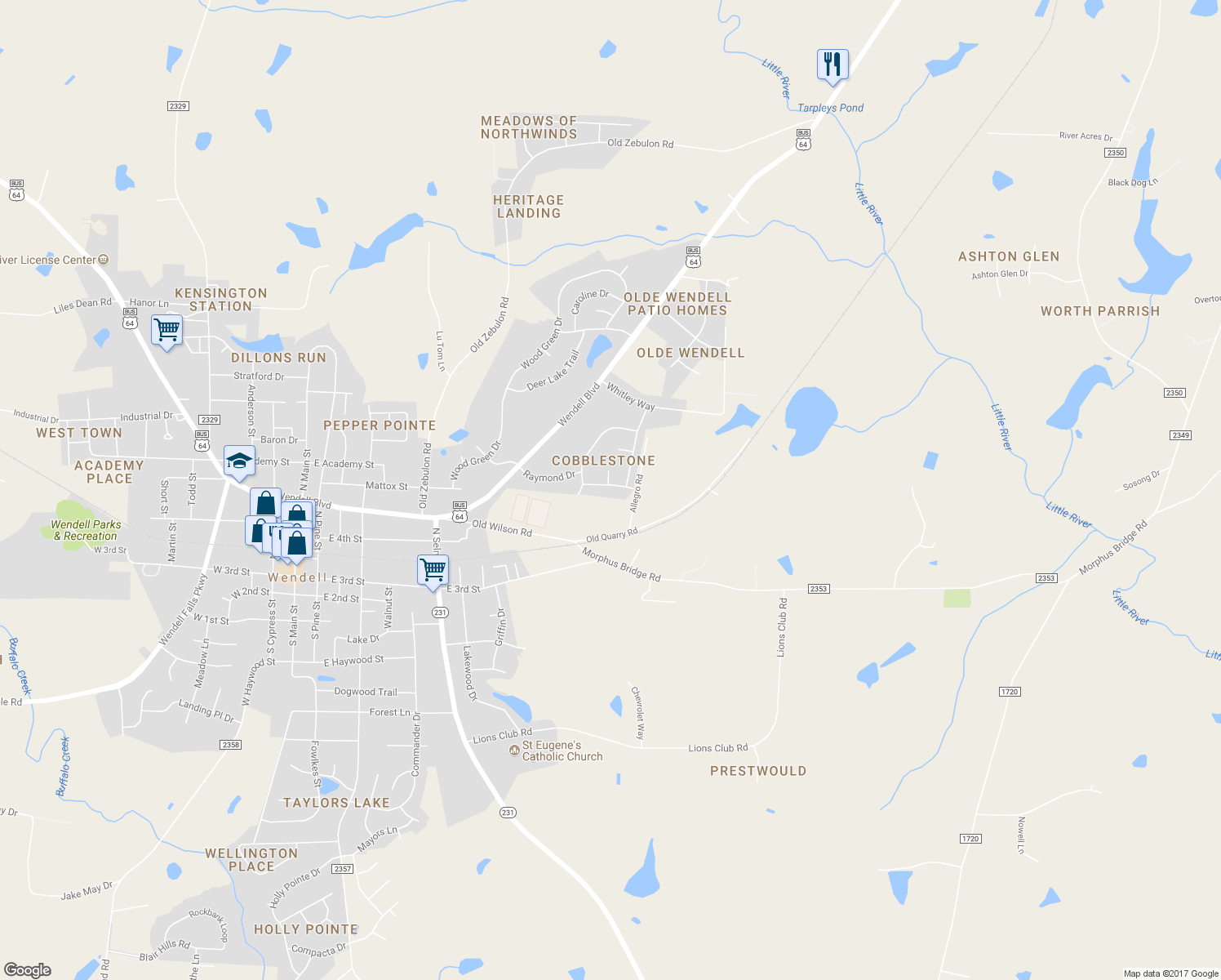 map of restaurants, bars, coffee shops, grocery stores, and more near 12 Olde Tavern Drive in Wendell