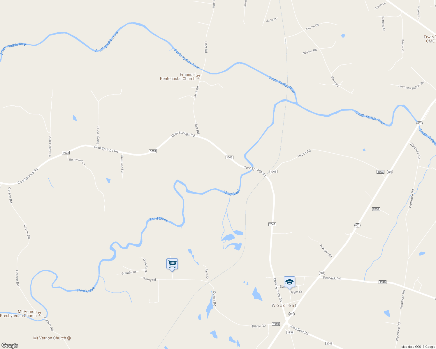 map of restaurants, bars, coffee shops, grocery stores, and more near 10515 Cool Springs Road in Woodleaf