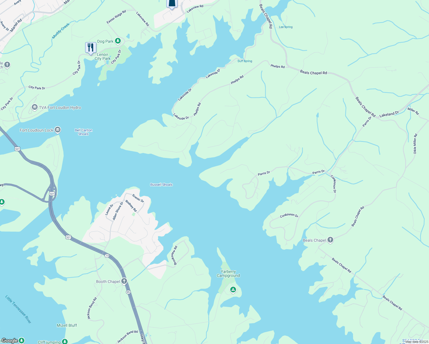 map of restaurants, bars, coffee shops, grocery stores, and more near 1464 Twin Coves Drive in Lenoir City