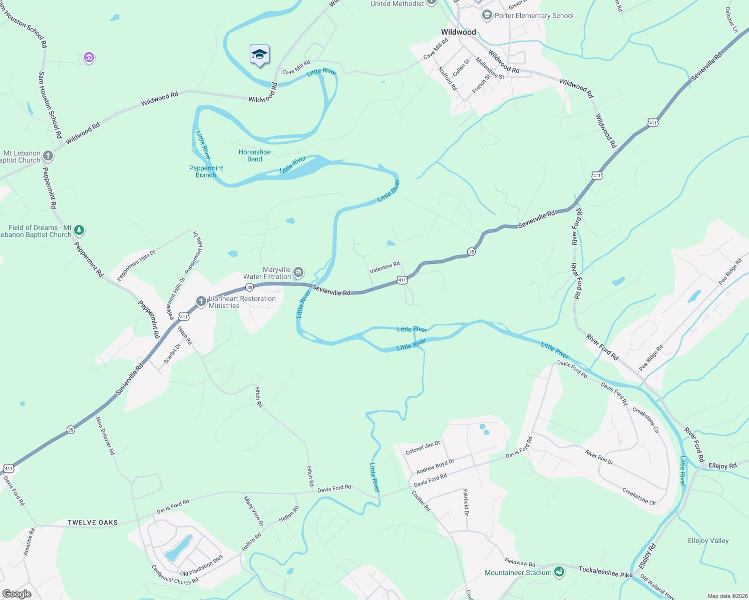 map of restaurants, bars, coffee shops, grocery stores, and more near 3804 Sevierville Road in Maryville