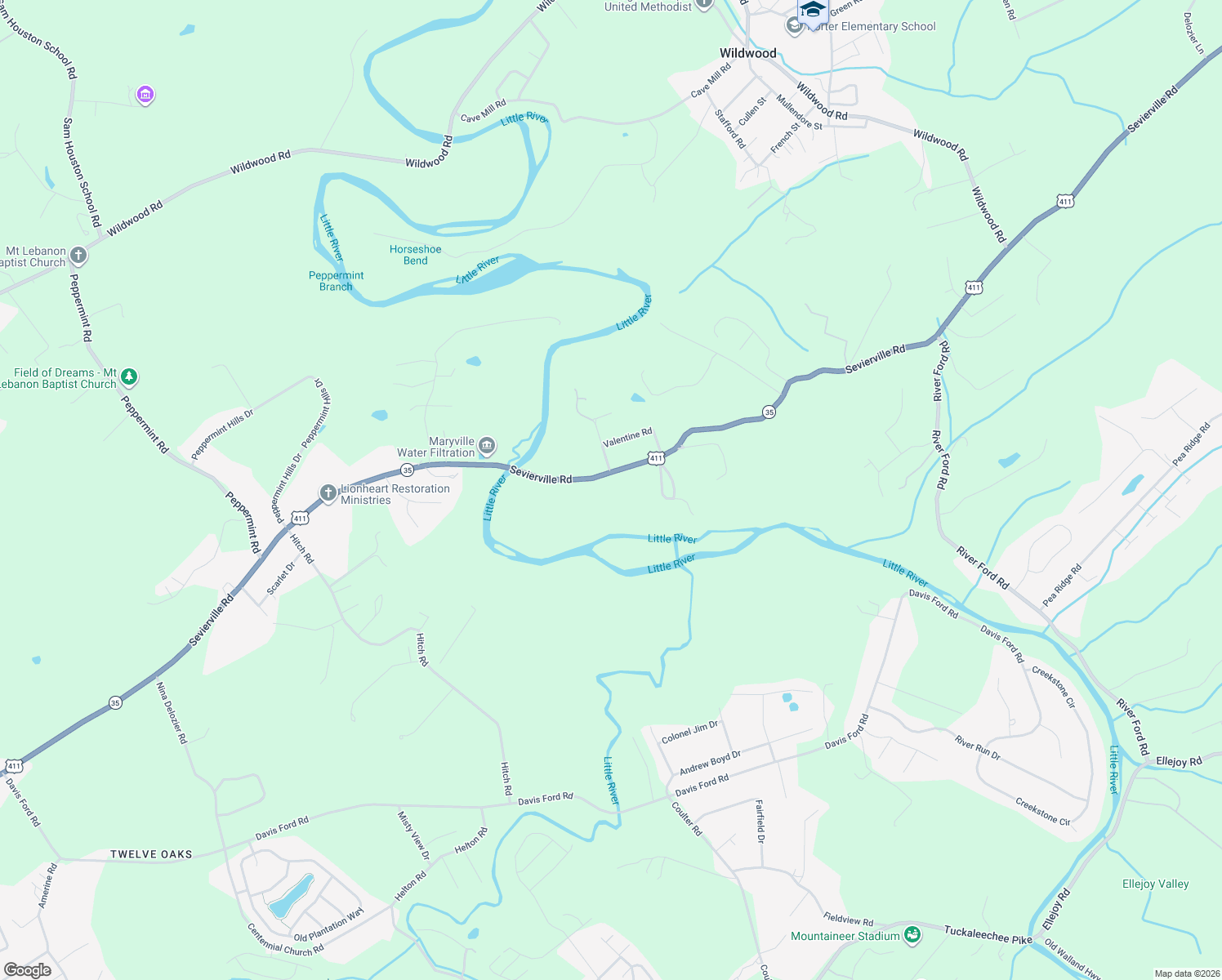 map of restaurants, bars, coffee shops, grocery stores, and more near 3804 Sevierville Road in Maryville