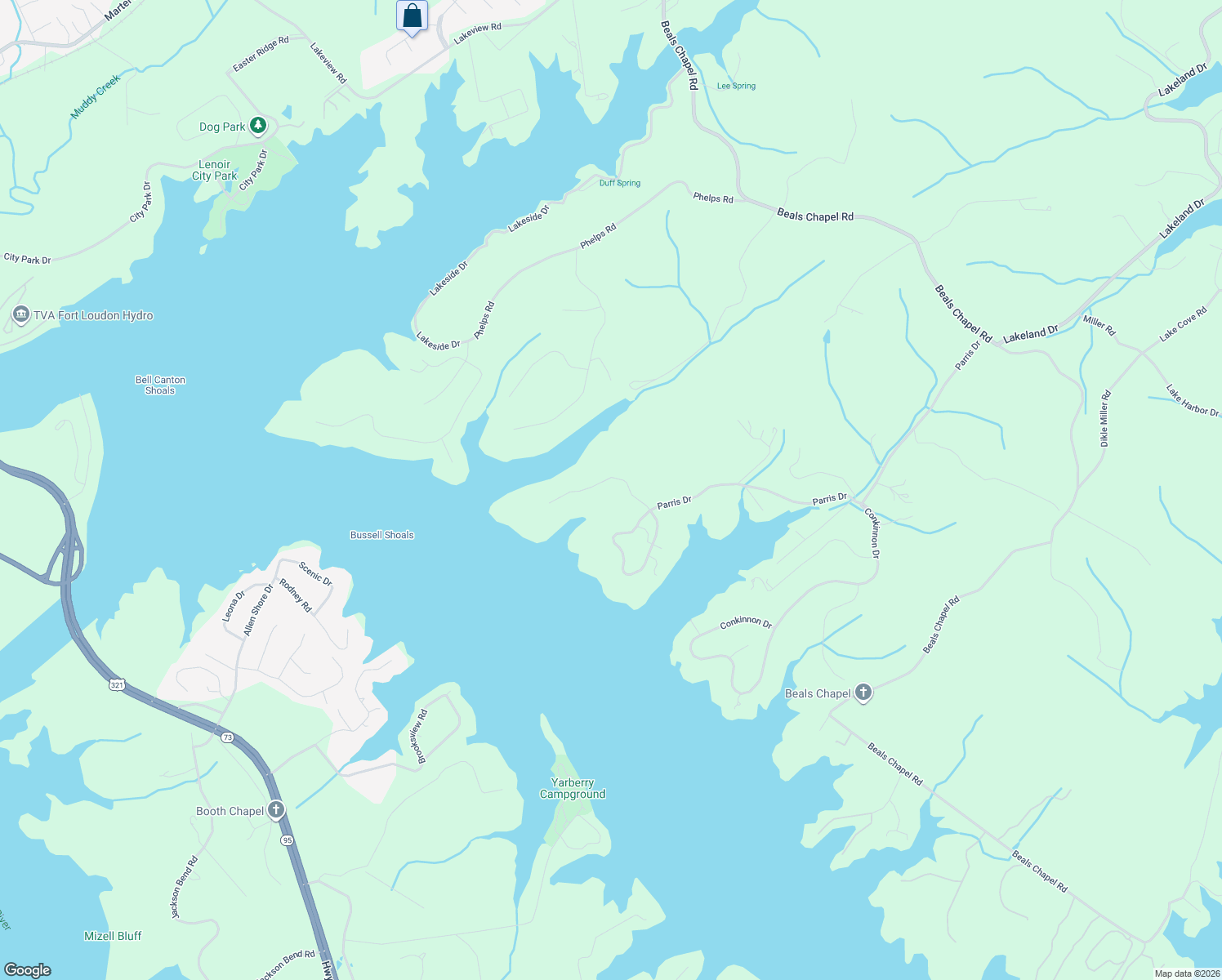 map of restaurants, bars, coffee shops, grocery stores, and more near 635 Twin Coves Drive in Lenoir City