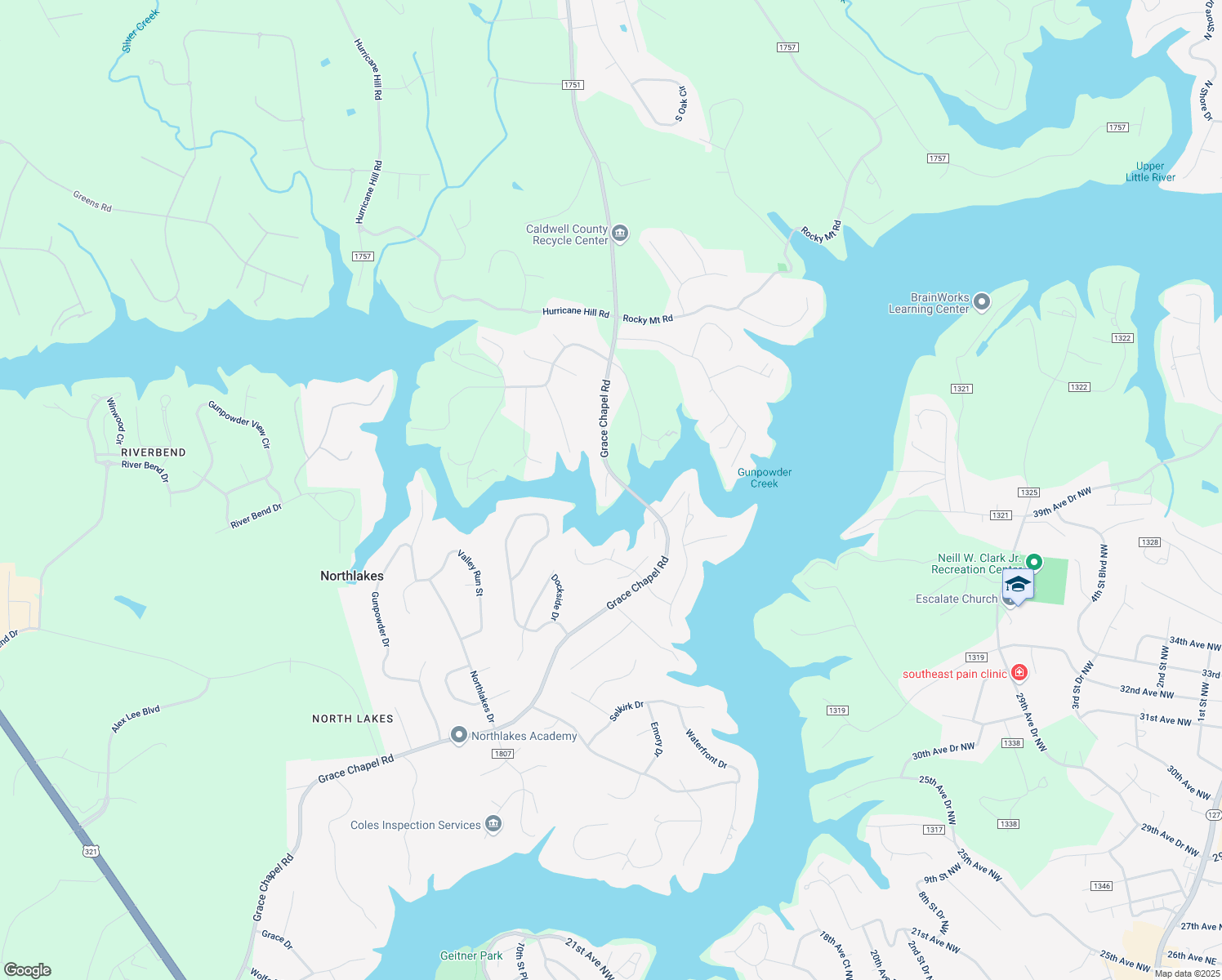 map of restaurants, bars, coffee shops, grocery stores, and more near 5709 Renwick Lane in Hickory