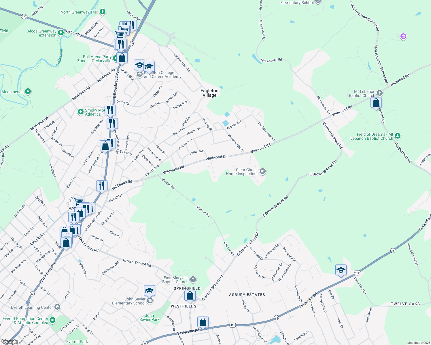 map of restaurants, bars, coffee shops, grocery stores, and more near 636 Coronado Crest Rd in Maryville