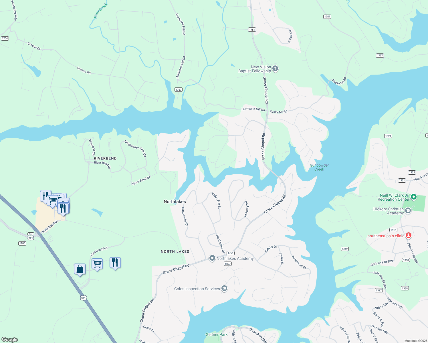 map of restaurants, bars, coffee shops, grocery stores, and more near 5551 Gunpowder Road in Granite Falls