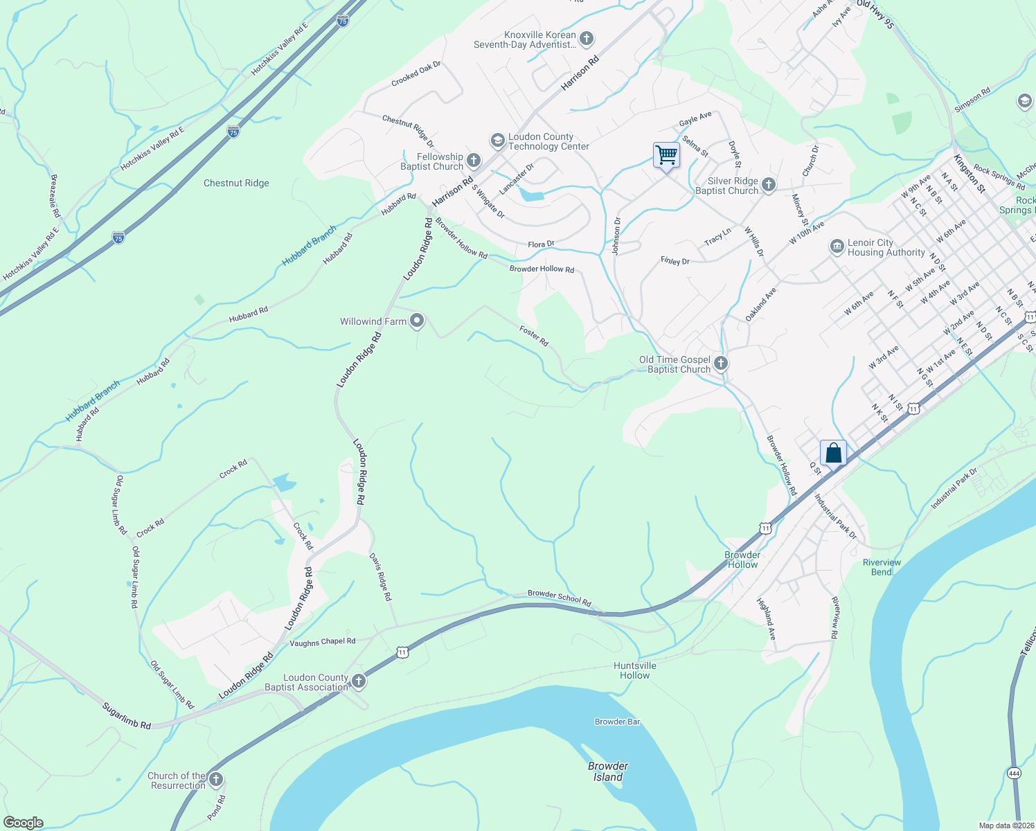 map of restaurants, bars, coffee shops, grocery stores, and more near 857 West Lane in Lenoir City