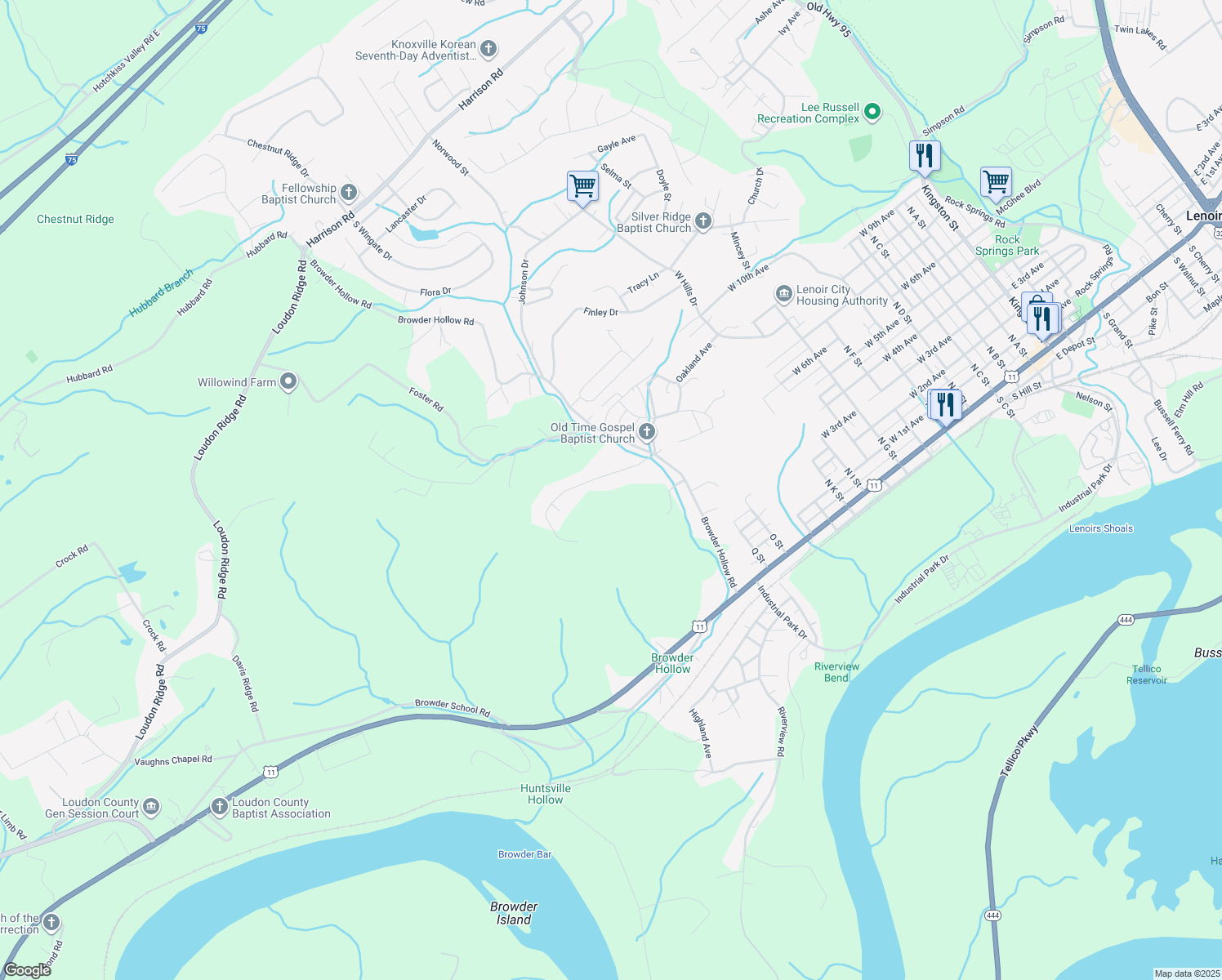 map of restaurants, bars, coffee shops, grocery stores, and more near 629 Stevens Lane in Lenoir City