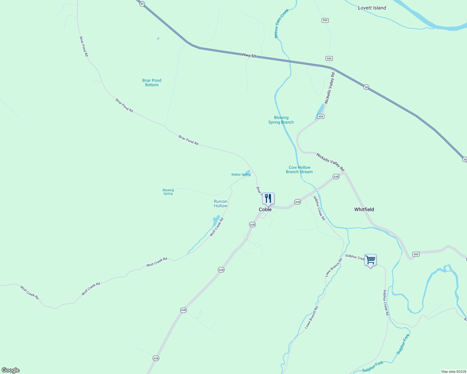 map of restaurants, bars, coffee shops, grocery stores, and more near 173 Wolf Creek Road in Centerville