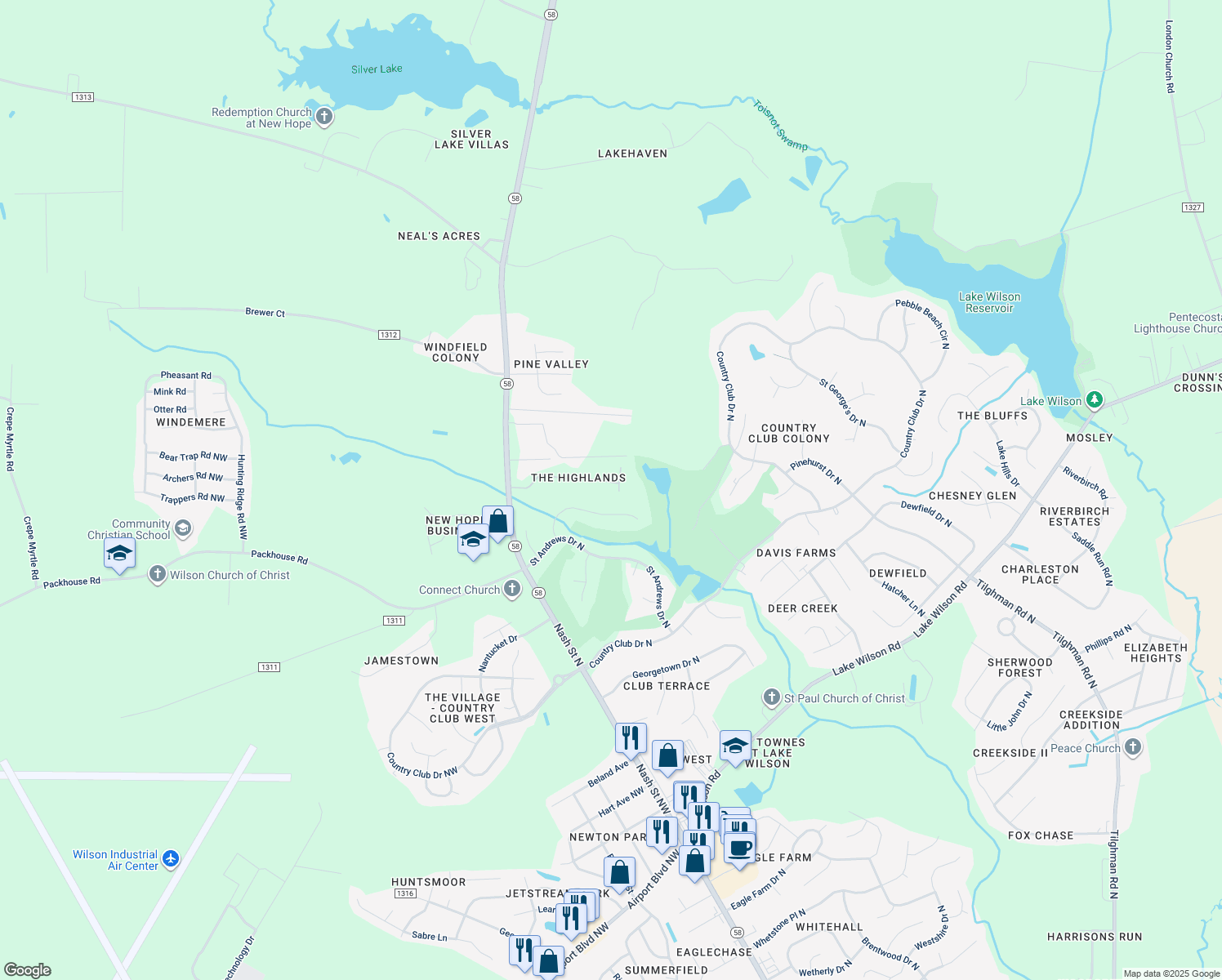map of restaurants, bars, coffee shops, grocery stores, and more near 4805 Milliken Lane in Wilson