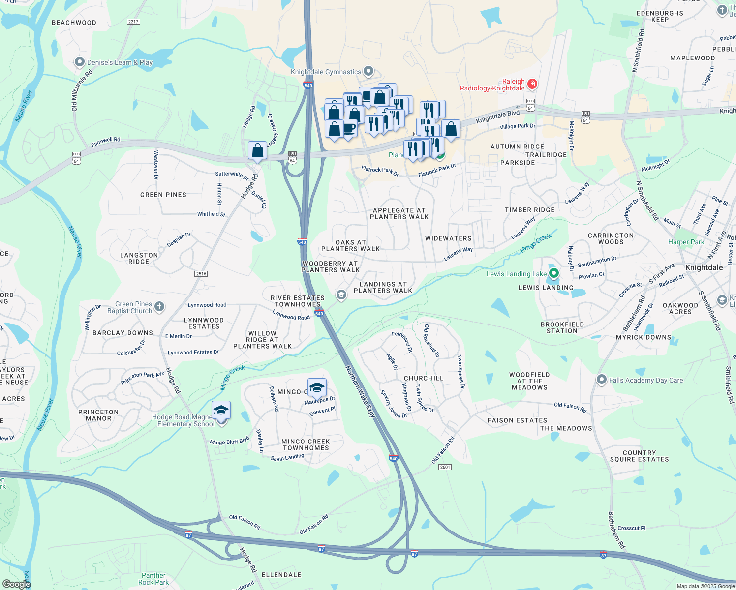 map of restaurants, bars, coffee shops, grocery stores, and more near 923 Clay Hill Drive in Knightdale