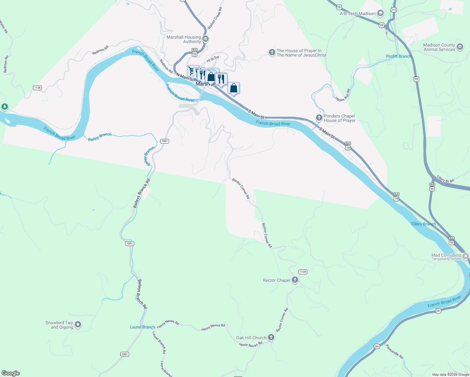 map of restaurants, bars, coffee shops, grocery stores, and more near 1126 Rector Corner Road in Marshall