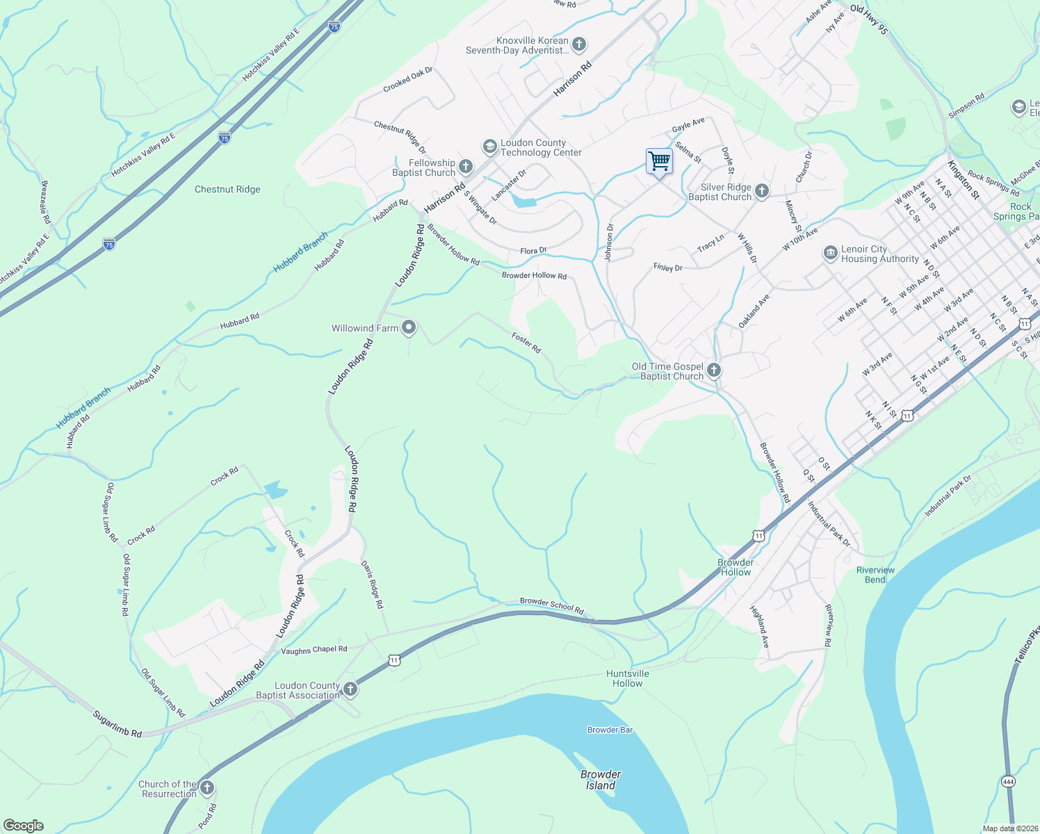 map of restaurants, bars, coffee shops, grocery stores, and more near 857 West Lane in Lenoir City