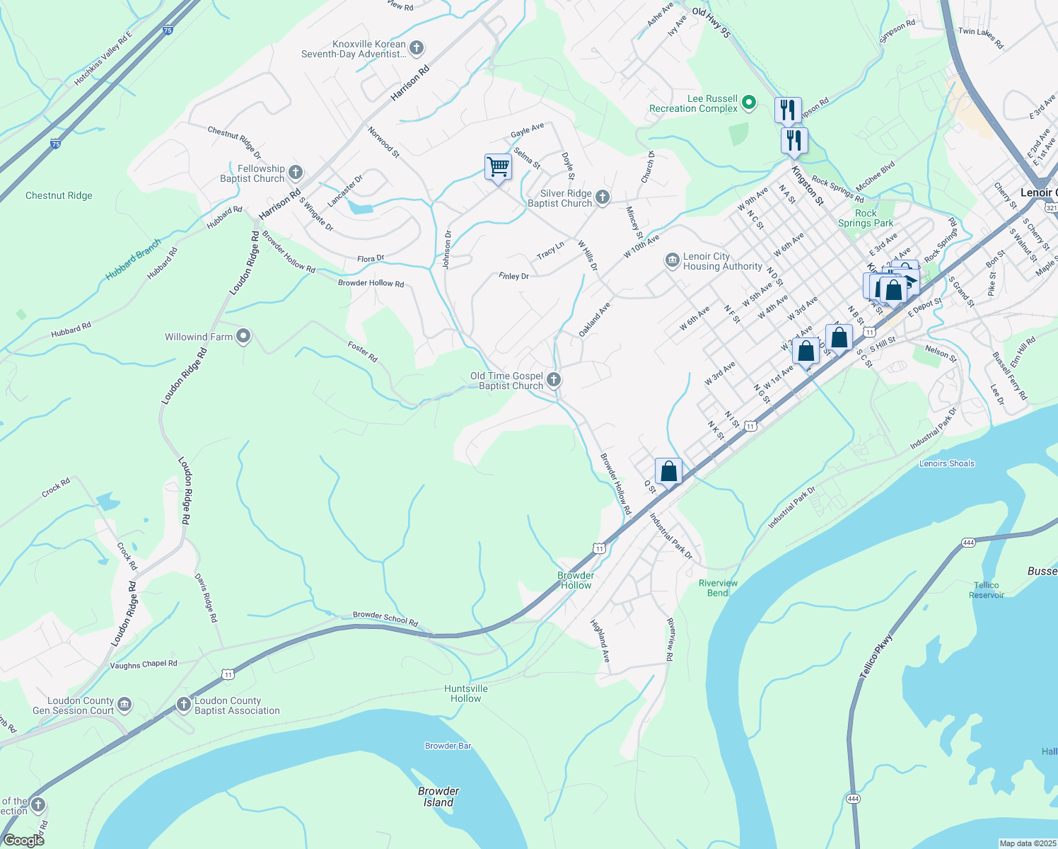 map of restaurants, bars, coffee shops, grocery stores, and more near 629 Stevens Lane in Lenoir City
