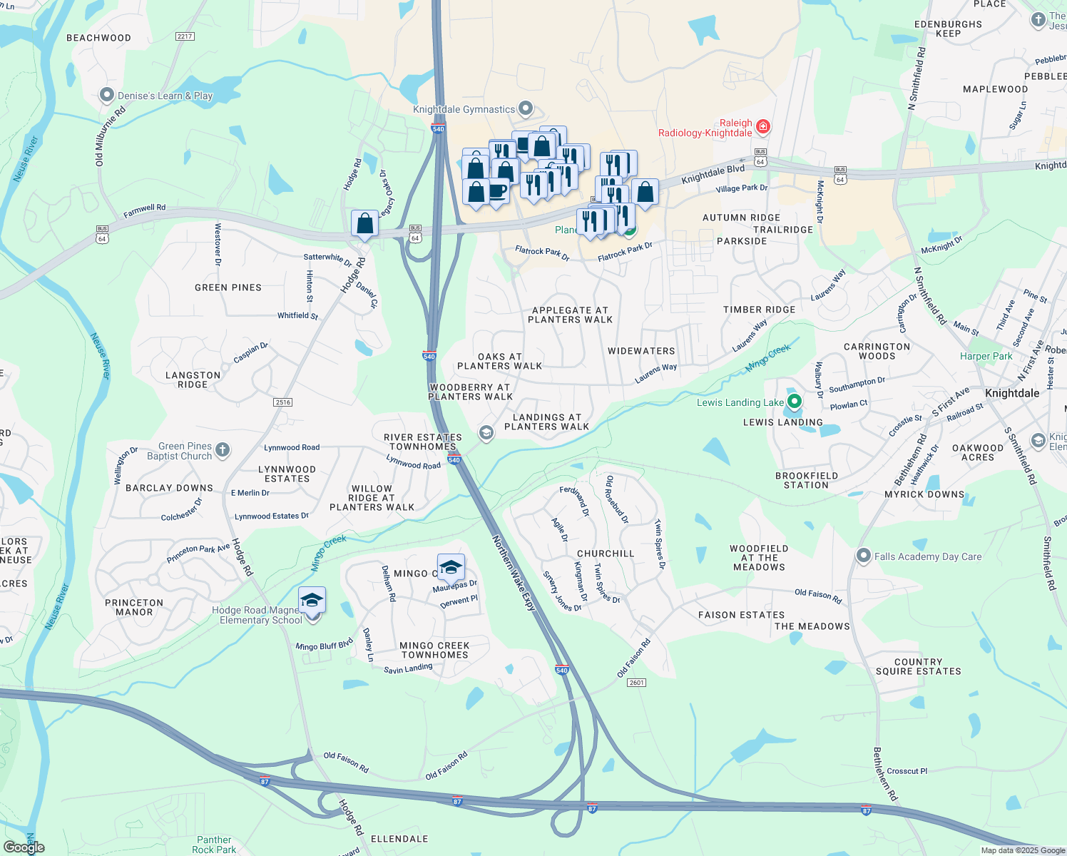 map of restaurants, bars, coffee shops, grocery stores, and more near 920 Clay Hill Drive in Knightdale