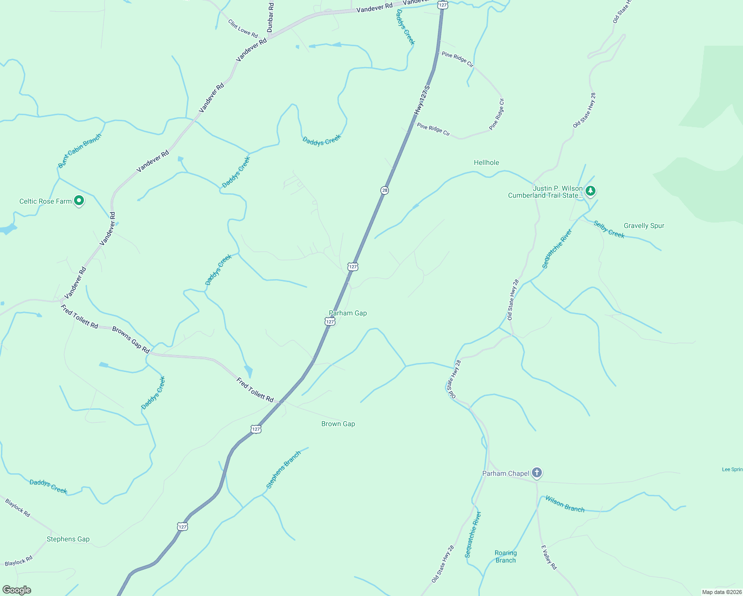 map of restaurants, bars, coffee shops, grocery stores, and more near 82 Browns Gap Road in Crossville