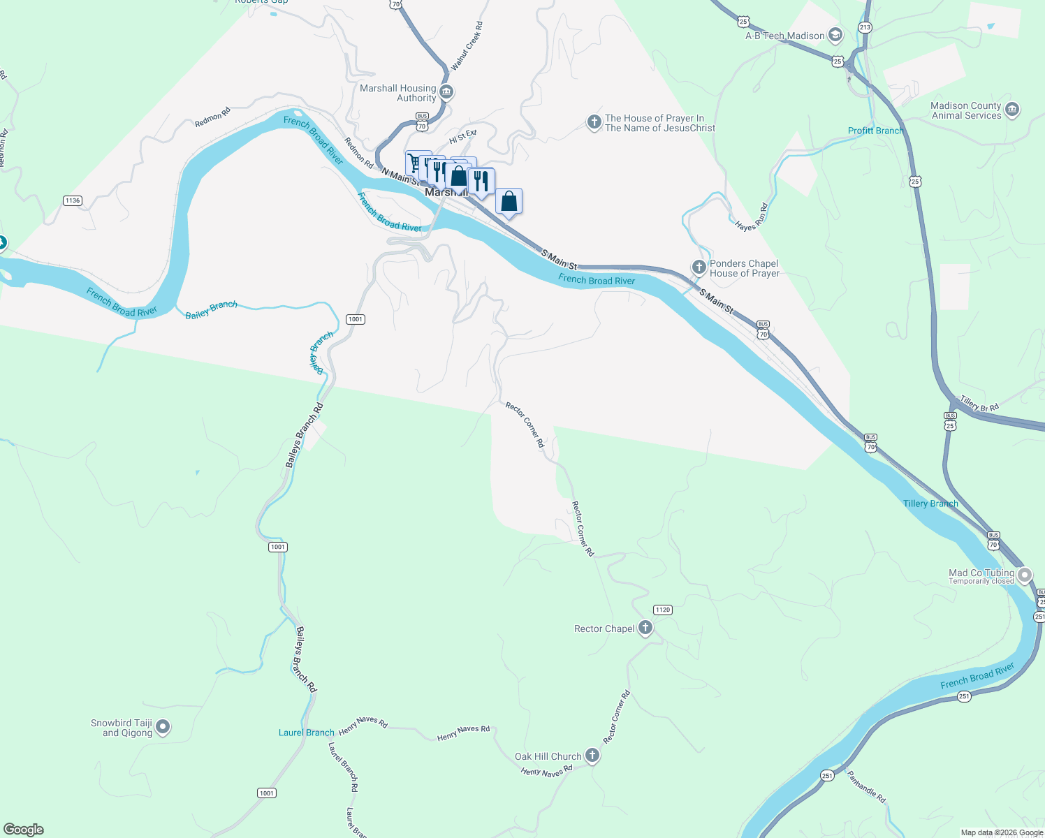 map of restaurants, bars, coffee shops, grocery stores, and more near 1126 Rector Corner Road in Marshall