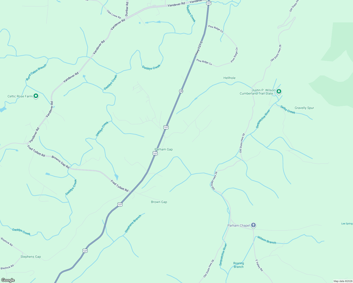 map of restaurants, bars, coffee shops, grocery stores, and more near 82 Browns Gap Road in Crossville
