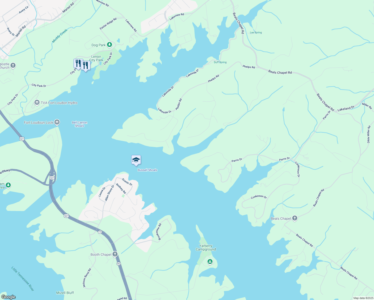 map of restaurants, bars, coffee shops, grocery stores, and more near 1464 Twin Coves Drive in Lenoir City