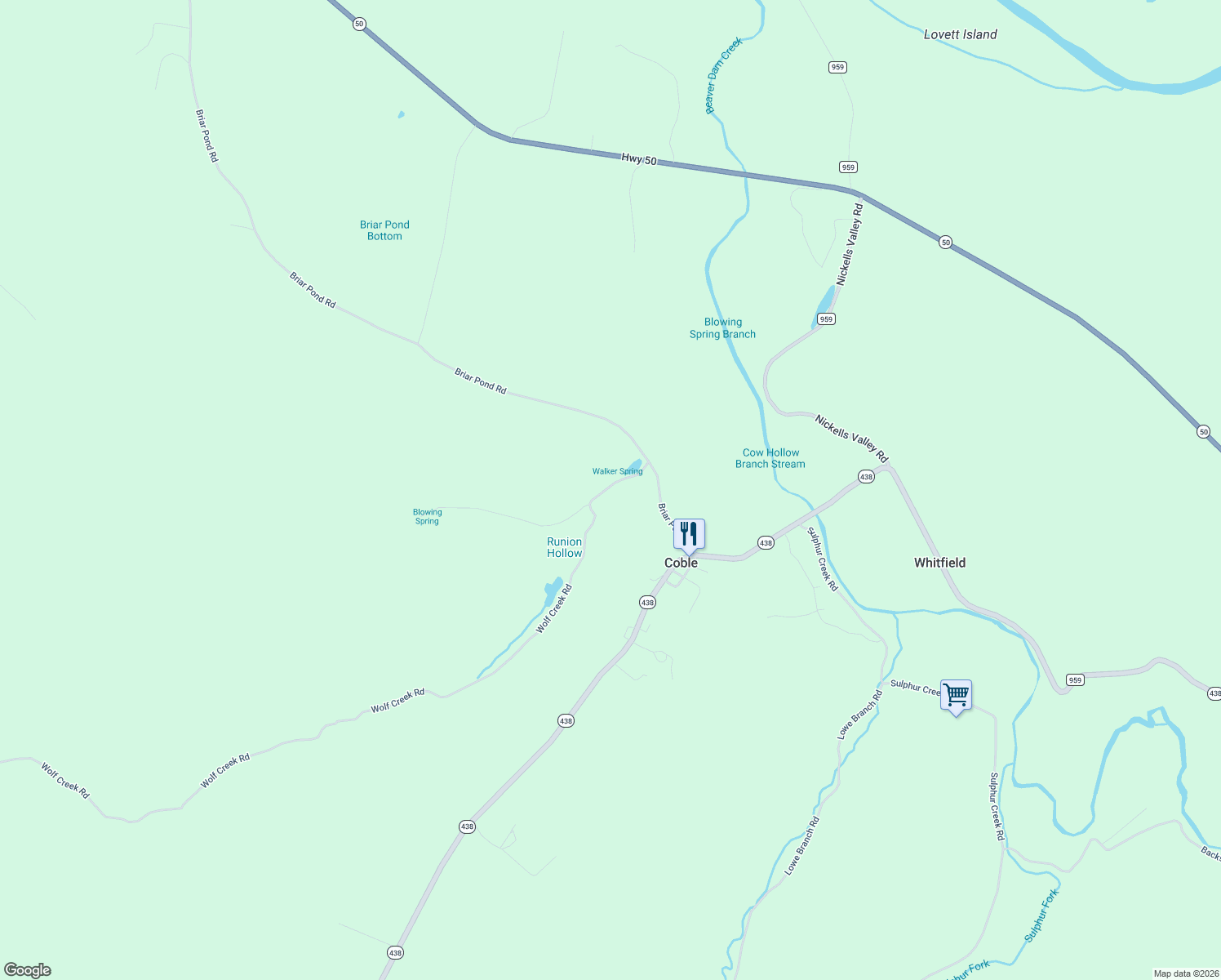 map of restaurants, bars, coffee shops, grocery stores, and more near 173 Wolf Creek Road in Centerville