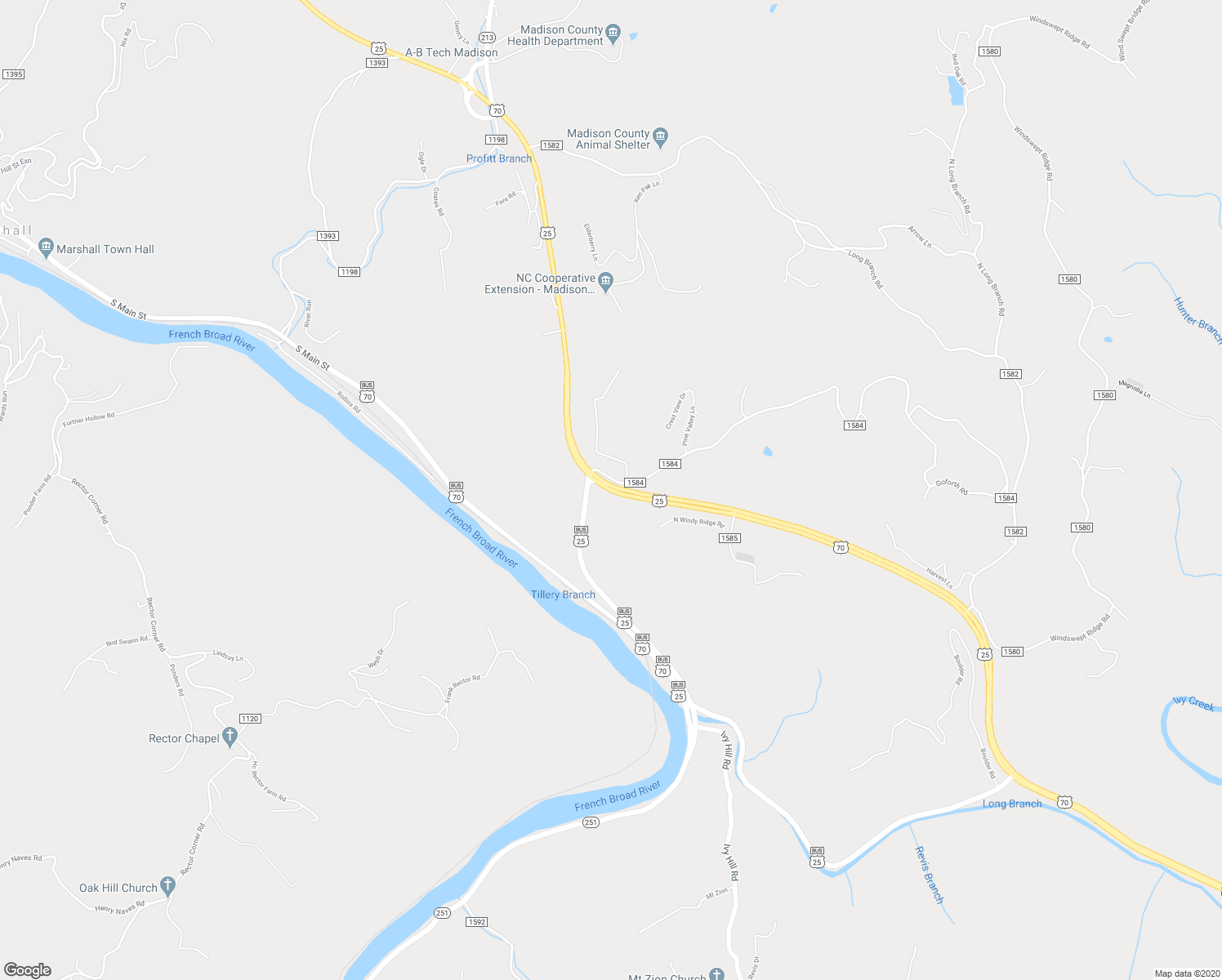 map of restaurants, bars, coffee shops, grocery stores, and more near 70 U.S. 25 in Marshall