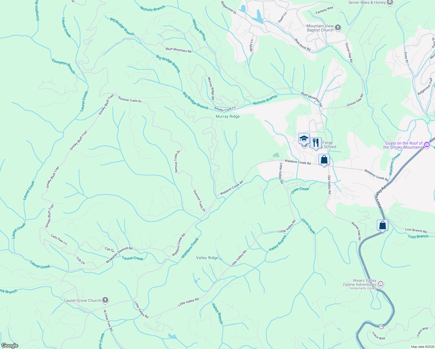 map of restaurants, bars, coffee shops, grocery stores, and more near 2846 Laughing Pine Lane in Sevierville