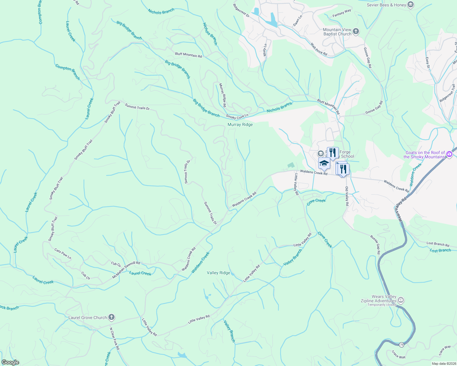 map of restaurants, bars, coffee shops, grocery stores, and more near 2846 Laughing Pine Lane in Sevierville