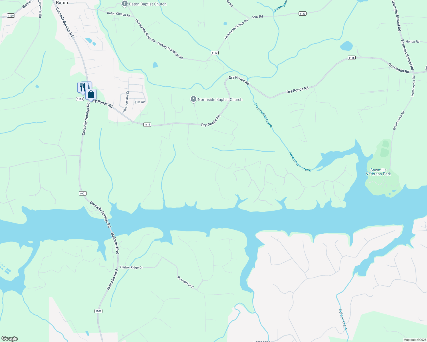 map of restaurants, bars, coffee shops, grocery stores, and more near 5401-5579 Liberty Road in Granite Falls