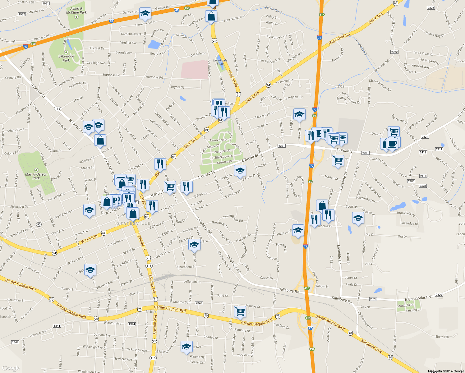 map of restaurants, bars, coffee shops, grocery stores, and more near 802 East Front Street in Statesville